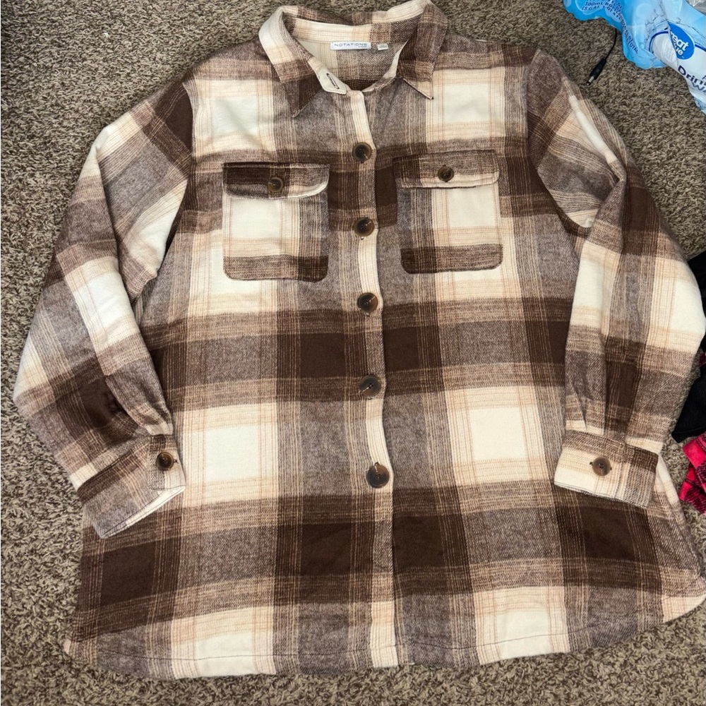 Notations Brown and Cream Plaid Teddy Jacket